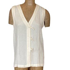 Annie Carson Crinkled Silk Toggle-Button Up Tunic Vest Top Sz L Ivory 283E